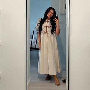 Zoco Chappell Midi Dress Cream Puff Sleeve Linen Dress